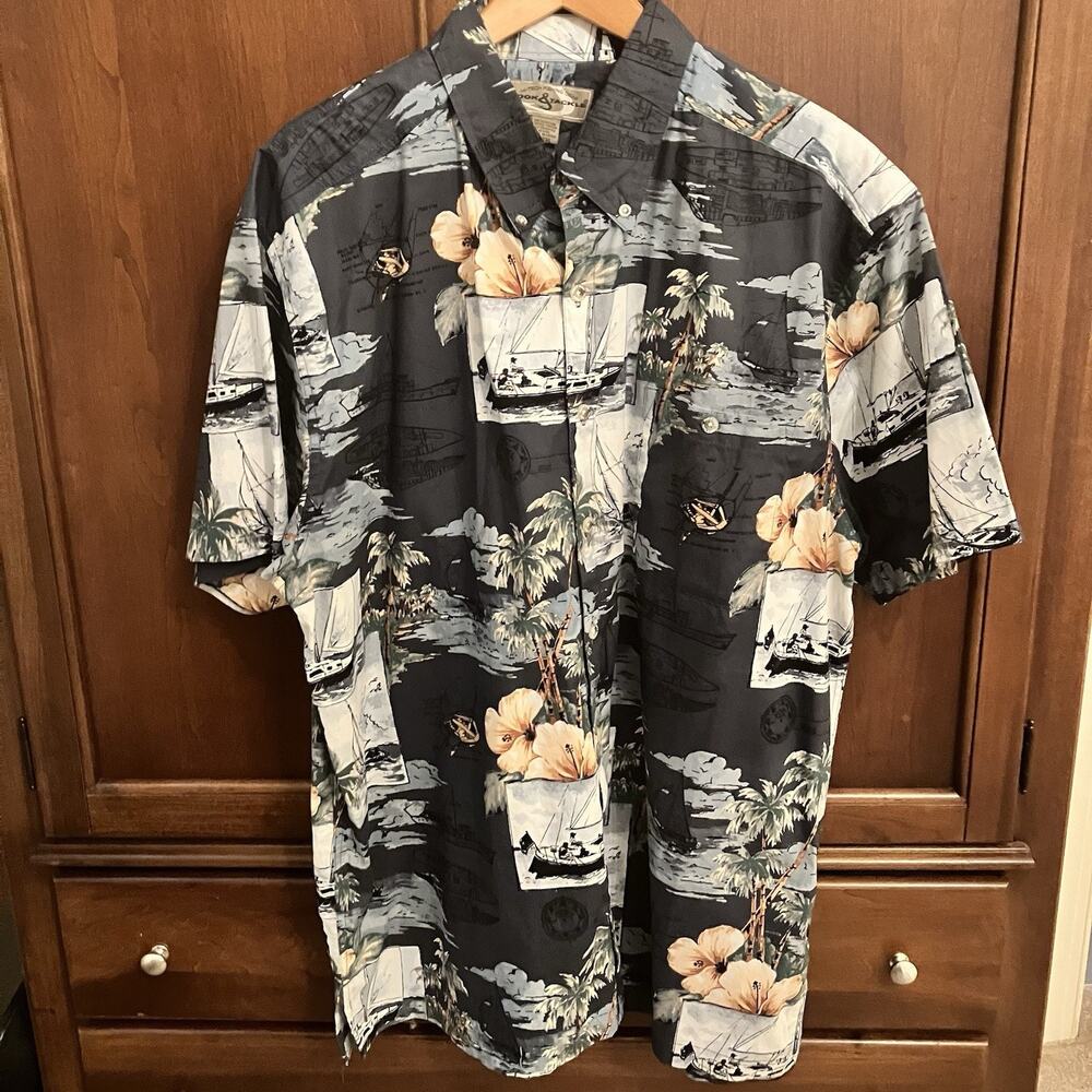 Hook & Tackle Mens 2XL Nautical Sailboat‎ Hibiscus Cotton Shirt Beach Tropical